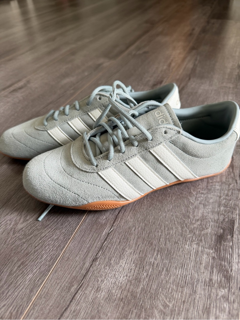Adidas Women’s Light Sage/Gray Suede Sneakers with White Stripes and Gum Sole